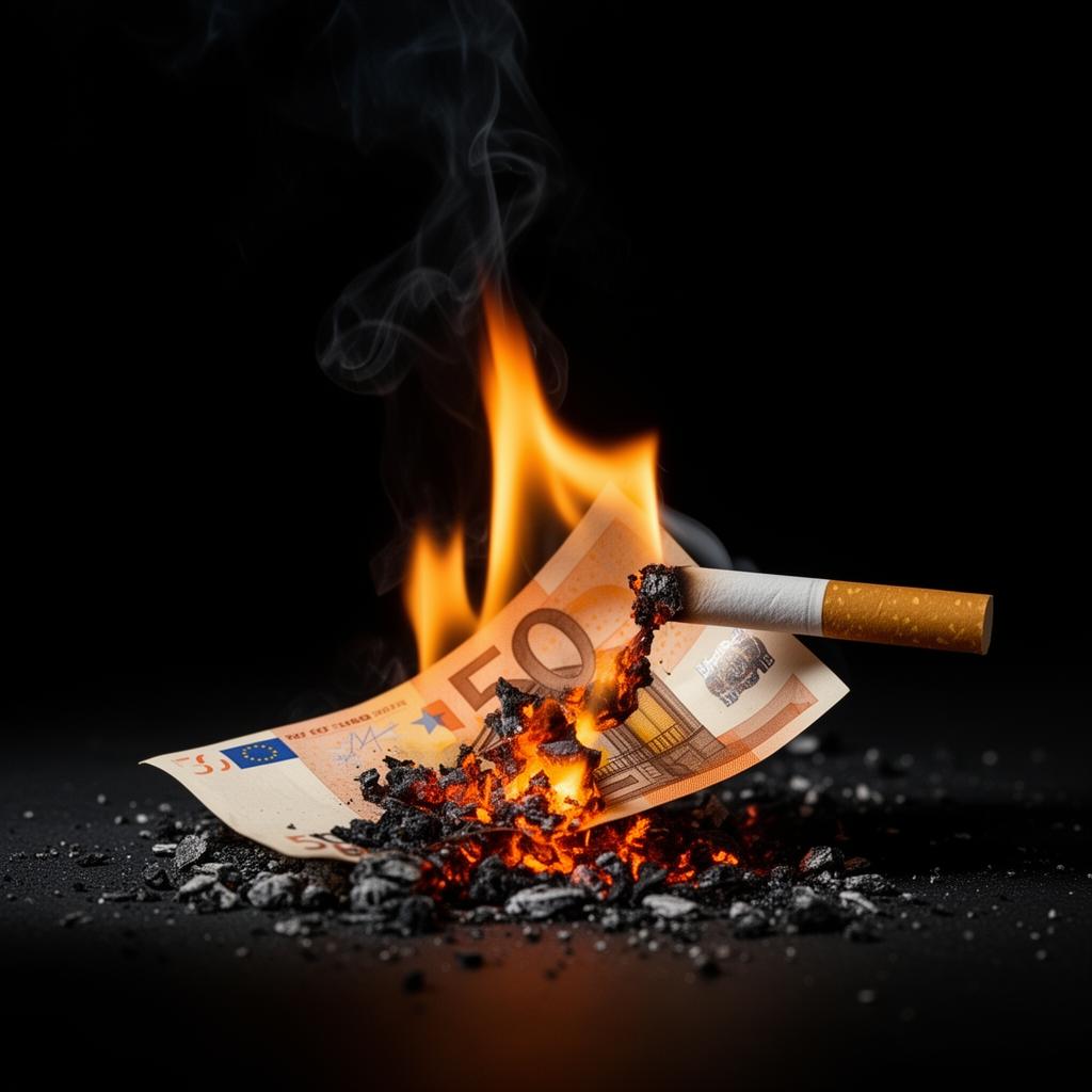 Χαρτονόμισμα ευρώ καίγεται με αναμμένο τσιγάρο πάνω του — τα χρήματα του καπνίσματος γίνονται στάχτη